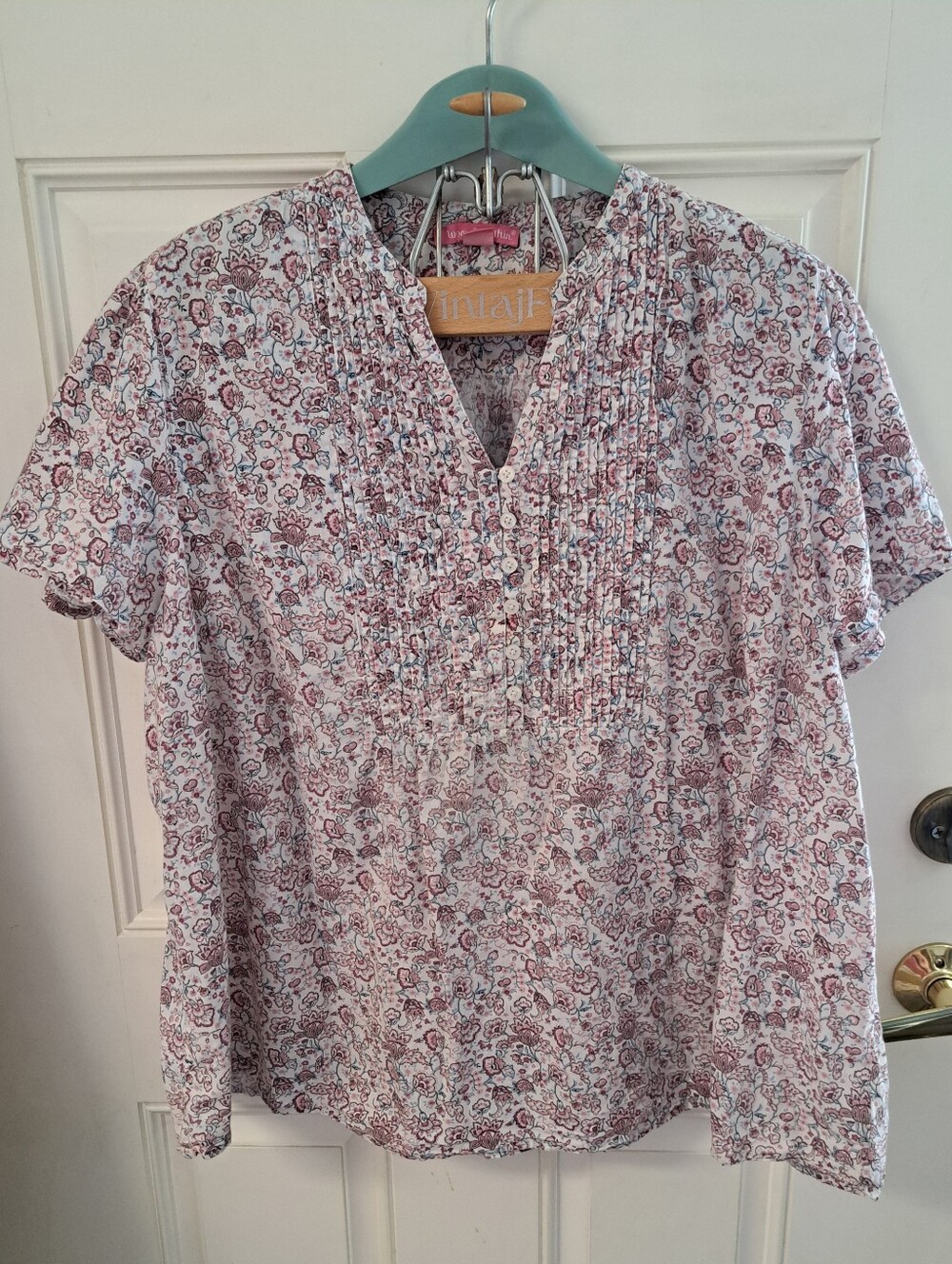 WOMAN WITHIN Pink Floral Pintuck V-Neck Blouse